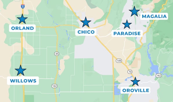 a map of Norhtern california with the service areas highlighted